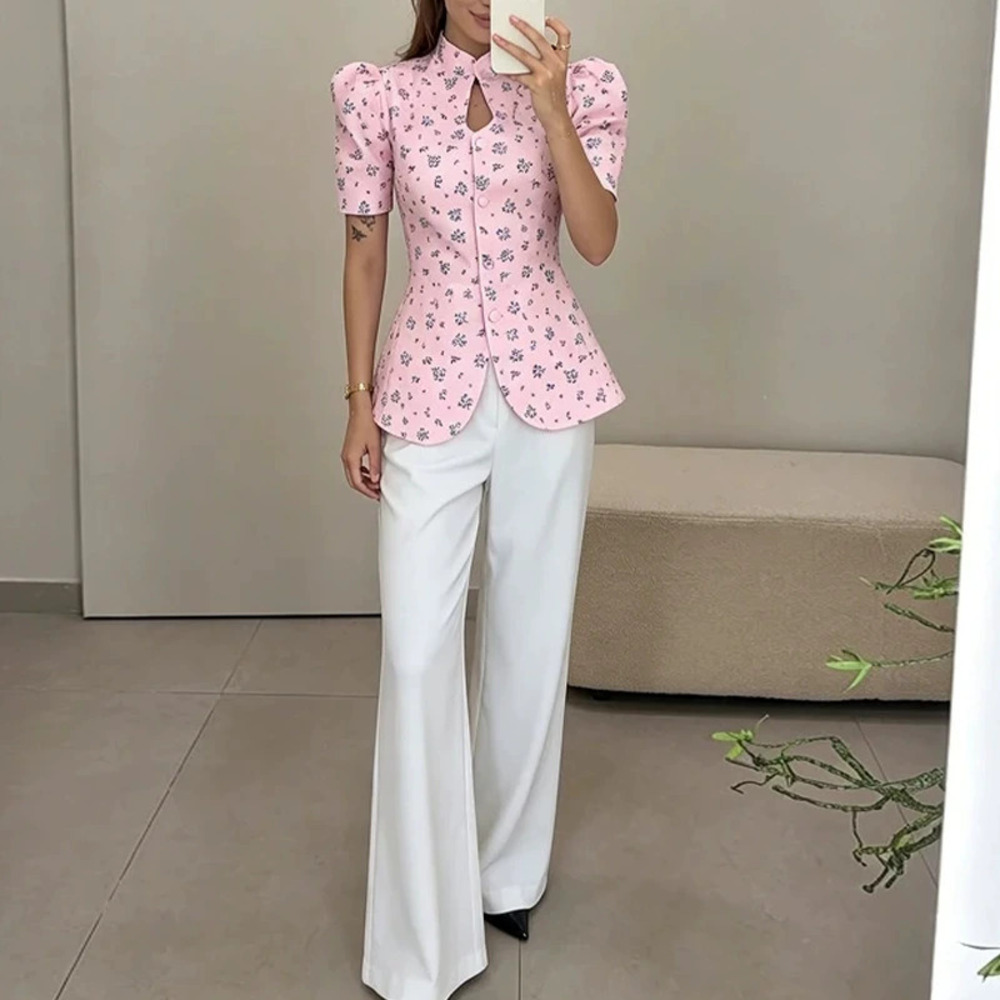 ZARA Fashion Casual Versatile Printed Single Breasted Mandarin Collar Shirt